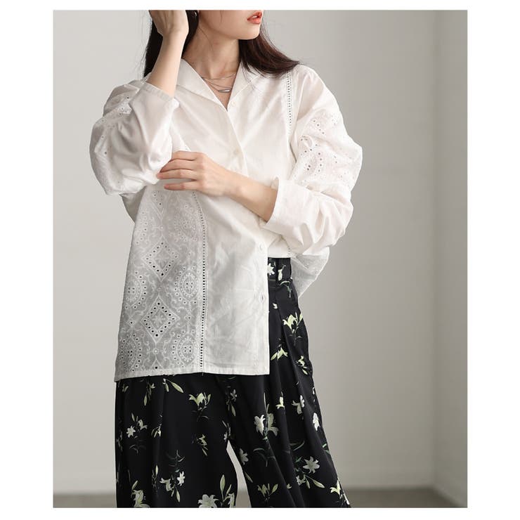 綺麗めに纏まるパンチングレースオープンカラーシャツ レディース ファッション | Sawa a la mode | 詳細画像9 