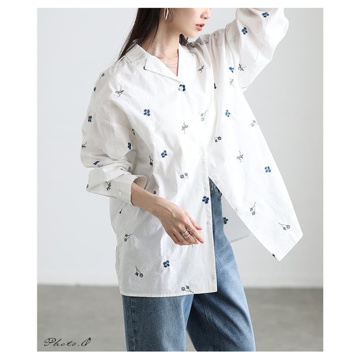 開放感を描く花柄刺繍オープンカラーコットンシャツ レディース ファッション | Sawa a la mode | 詳細画像2 
