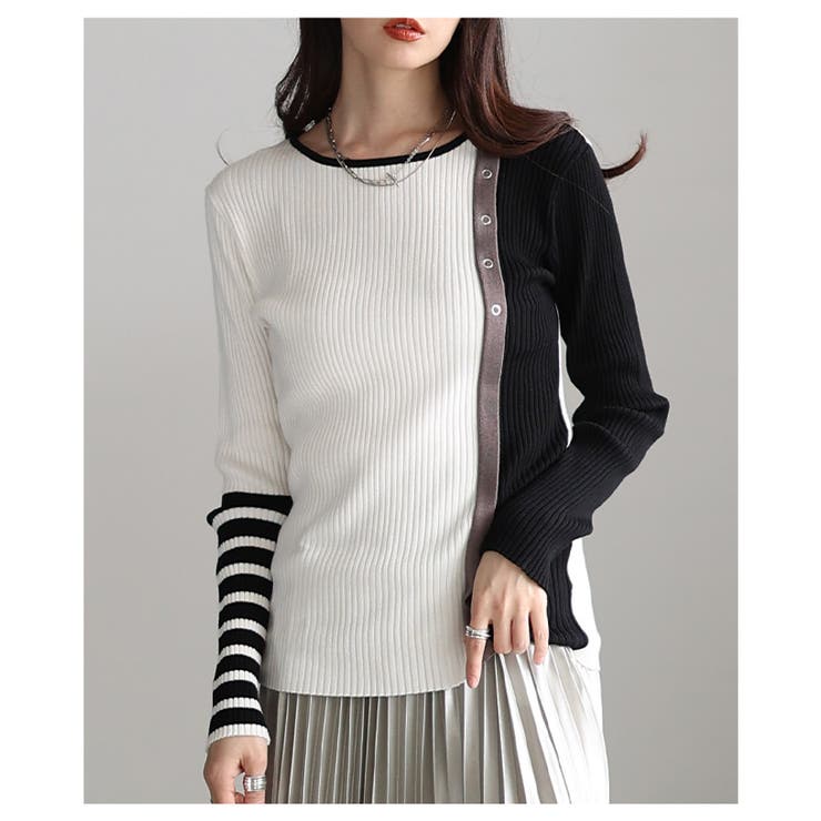 モード感度抜群なアシンメトリー配色リブニットトップス レディース ファッション | Sawa a la mode | 詳細画像16 