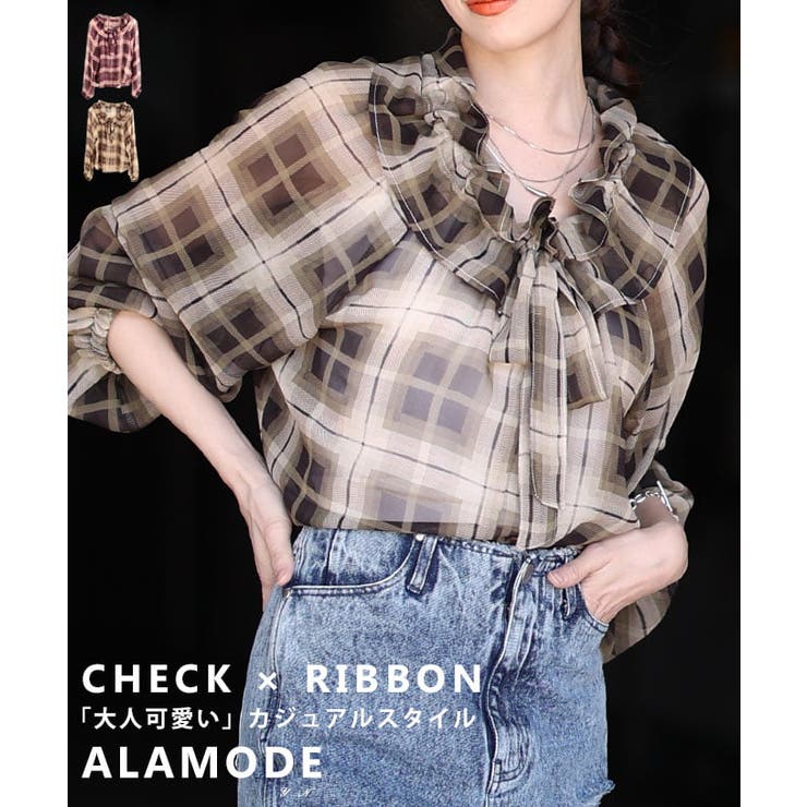ふんわり上品に華やぐシアーチェックフリルネックブラウス レディース トップス | Sawa a la mode | 詳細画像1 