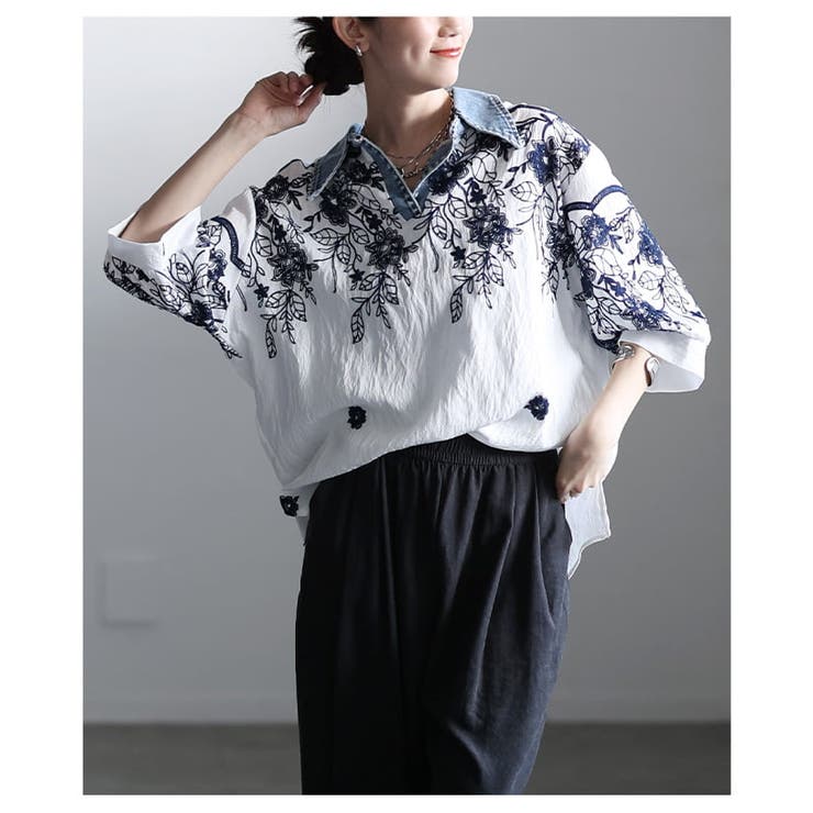 デニム襟でこなれるボタニカル刺繍スキッパーブラウス レディース トップス | Sawa a la mode | 詳細画像4 