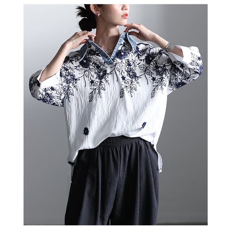 デニム襟でこなれるボタニカル刺繍スキッパーブラウス レディース トップス | Sawa a la mode | 詳細画像8 