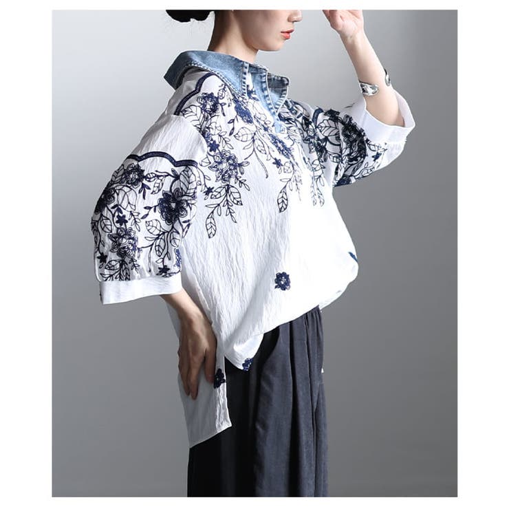 デニム襟でこなれるボタニカル刺繍スキッパーブラウス レディース トップス | Sawa a la mode | 詳細画像9 