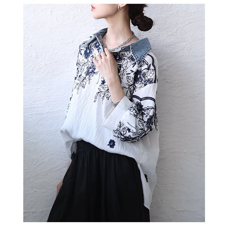 デニム襟でこなれるボタニカル刺繍スキッパーブラウス レディース トップス | Sawa a la mode | 詳細画像16 