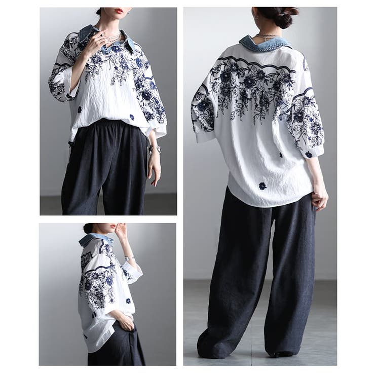 デニム襟でこなれるボタニカル刺繍スキッパーブラウス レディース トップス | Sawa a la mode | 詳細画像17 