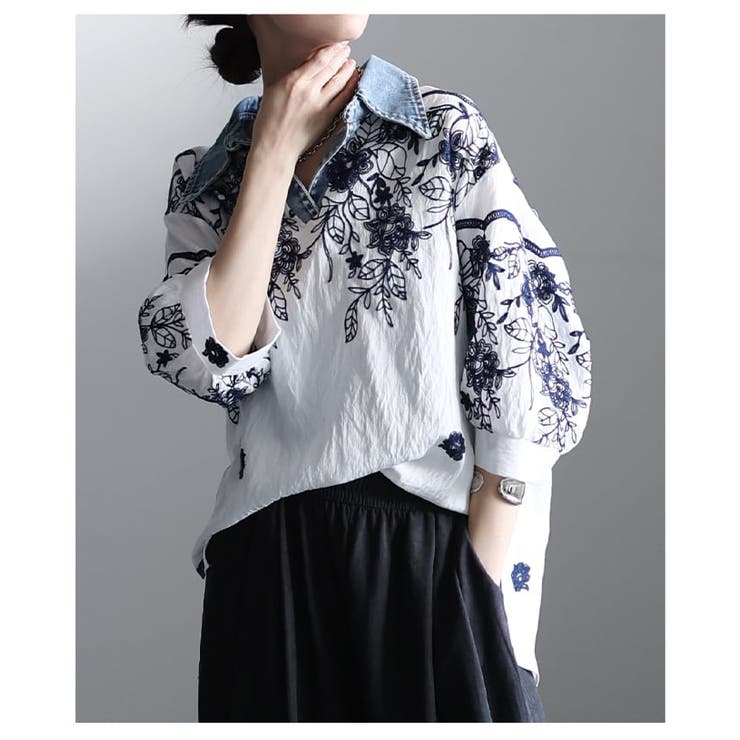 デニム襟でこなれるボタニカル刺繍スキッパーブラウス レディース トップス | Sawa a la mode | 詳細画像18 
