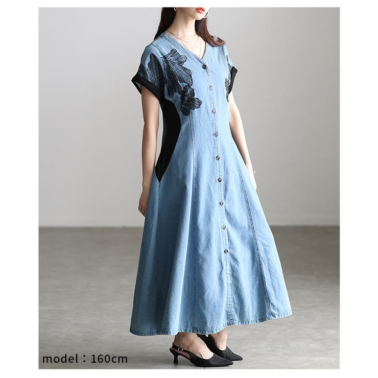 美シルエット描くレースデザイン異素材デニムフレアワンピース レディース ファッシ… | Sawa a la mode | 詳細画像18 