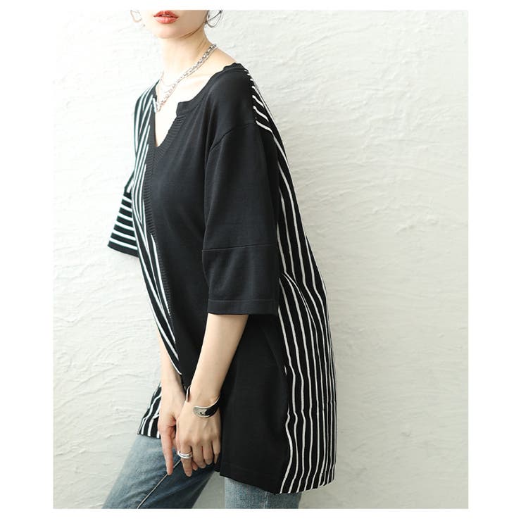 遊び心感じるストライプ切替キーネックサマーニット レディース ファッション | Sawa a la mode | 詳細画像15 
