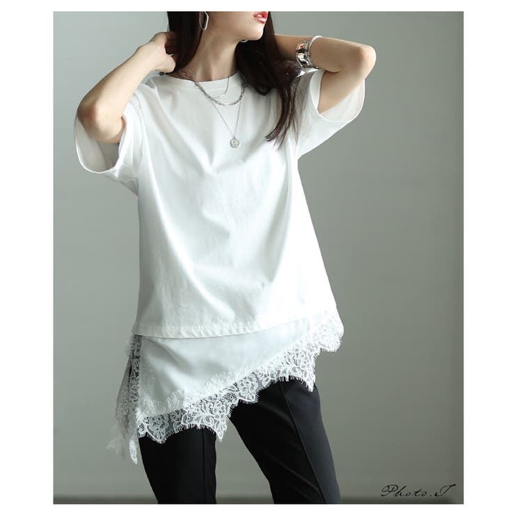 テク要らずで感度高まる異素材レースアシンメトリーTシャツ レディース ファッショ… | Sawa a la mode | 詳細画像2 
