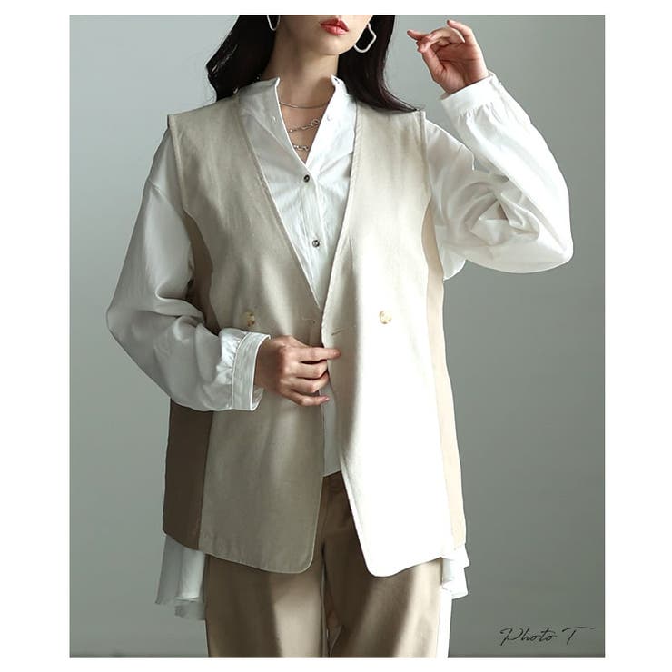 きれいに決まる麻混キャンバス配色切替ジレ レディース バイカラー | Sawa a la mode | 詳細画像2 