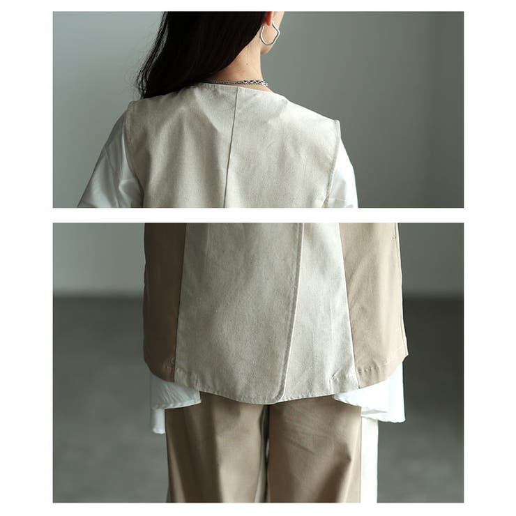 きれいに決まる麻混キャンバス配色切替ジレ レディース バイカラー | Sawa a la mode | 詳細画像5 