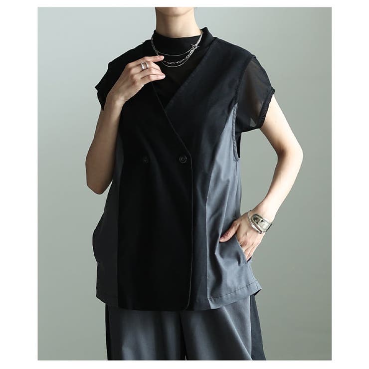 きれいに決まる麻混キャンバス配色切替ジレ レディース バイカラー | Sawa a la mode | 詳細画像12 
