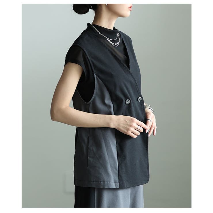 きれいに決まる麻混キャンバス配色切替ジレ レディース バイカラー | Sawa a la mode | 詳細画像14 