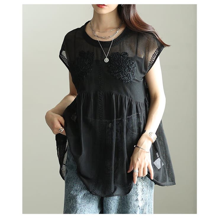 夏の風を纏うコード刺繍メッシュペプラムブラウス レディース トップス | Sawa a la mode | 詳細画像12 