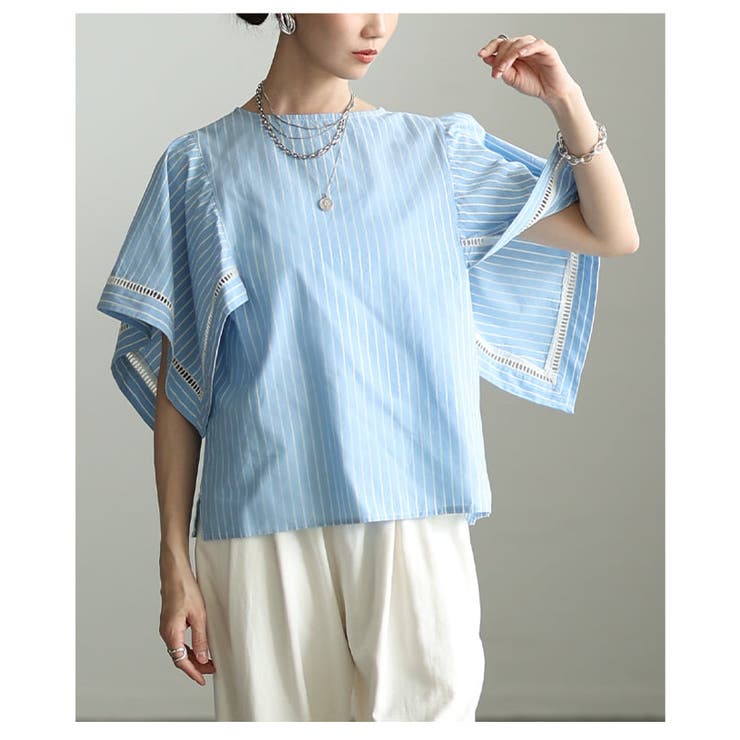 涼しげに映えるインド綿ストライプケープブラウス レディース トップス | Sawa a la mode | 詳細画像8 