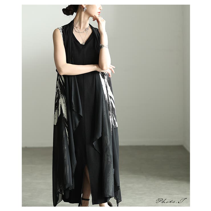 一歩先を行く水墨画風プリント異素材トッパーロングジレ レディース ファッション | Sawa a la mode | 詳細画像2 
