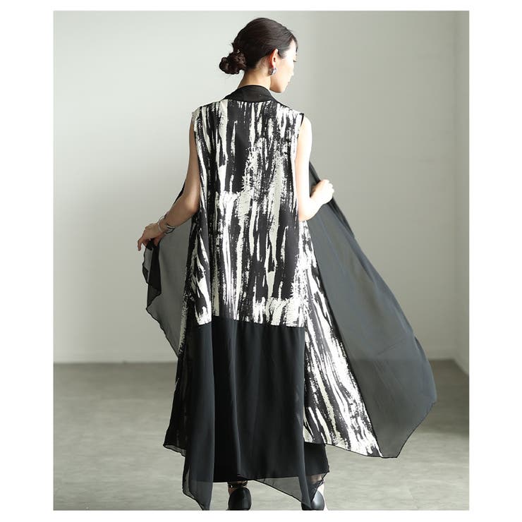 一歩先を行く水墨画風プリント異素材トッパーロングジレ レディース ファッション | Sawa a la mode | 詳細画像4 