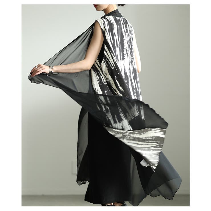 一歩先を行く水墨画風プリント異素材トッパーロングジレ レディース ファッション | Sawa a la mode | 詳細画像7 