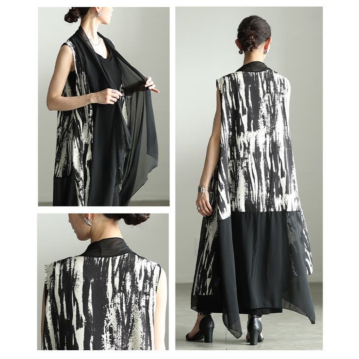 一歩先を行く水墨画風プリント異素材トッパーロングジレ レディース ファッション | Sawa a la mode | 詳細画像17 