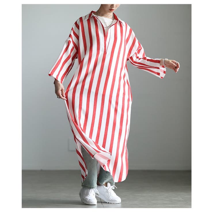縦ラインで魅せるスキッパーネックストライプワンピース レディース ワンピース | Sawa a la mode | 詳細画像12 