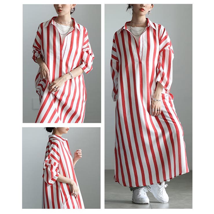 縦ラインで魅せるスキッパーネックストライプワンピース レディース ワンピース | Sawa a la mode | 詳細画像17 