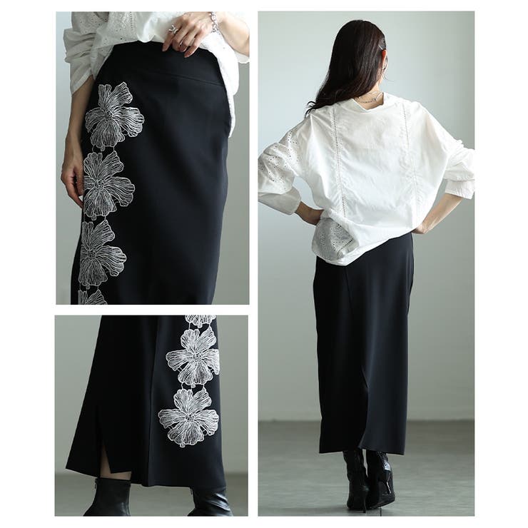 ドラマティックなアシンメトリー花柄刺繍ナロースカート レディース ファッション | Sawa a la mode | 詳細画像19 