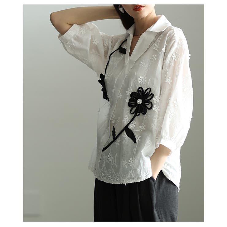 感性を添える立体モチーフ花柄刺繍パフスリーブブラウス レディース ファッション | Sawa a la mode | 詳細画像9 