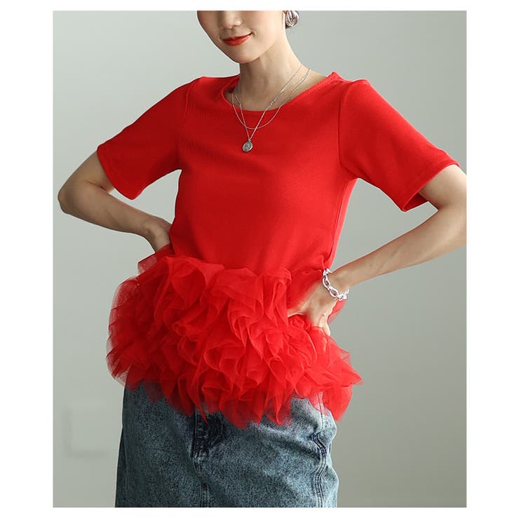 一瞬でクギ付けにする異素材チュールフリルリブトップス レディース ファッション | Sawa a la mode | 詳細画像10 