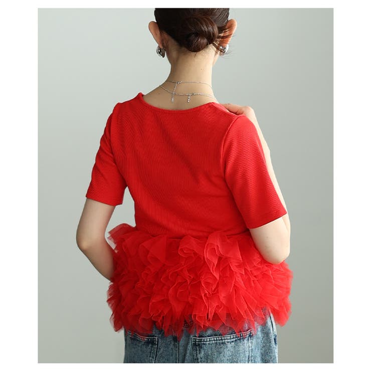 一瞬でクギ付けにする異素材チュールフリルリブトップス レディース ファッション | Sawa a la mode | 詳細画像12 
