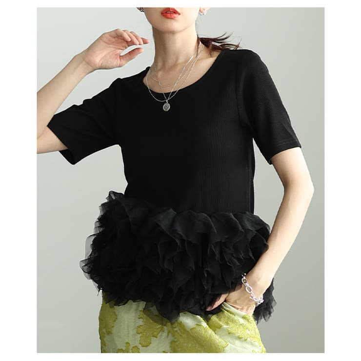 一瞬でクギ付けにする異素材チュールフリルリブトップス レディース ファッション | Sawa a la mode | 詳細画像16 