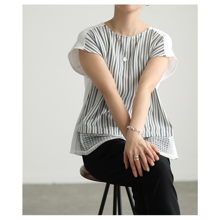 360度抜かりない異素材ストライプ裾レーストップス レディース ファッション | Sawa a la mode | 詳細画像10 