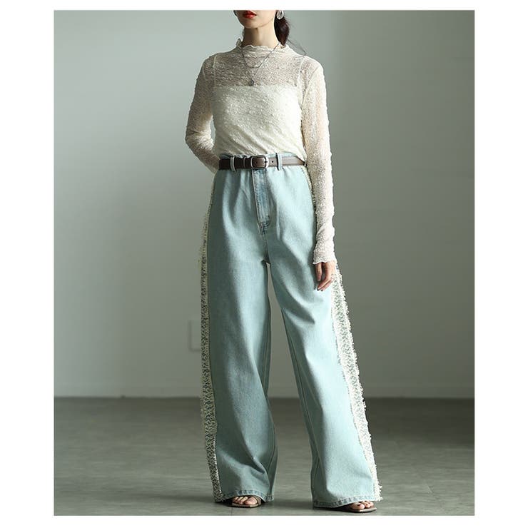 女性らしく彩るサイドレース12オンスデニムワイドパンツ レディース ファッション | Sawa a la mode | 詳細画像11 