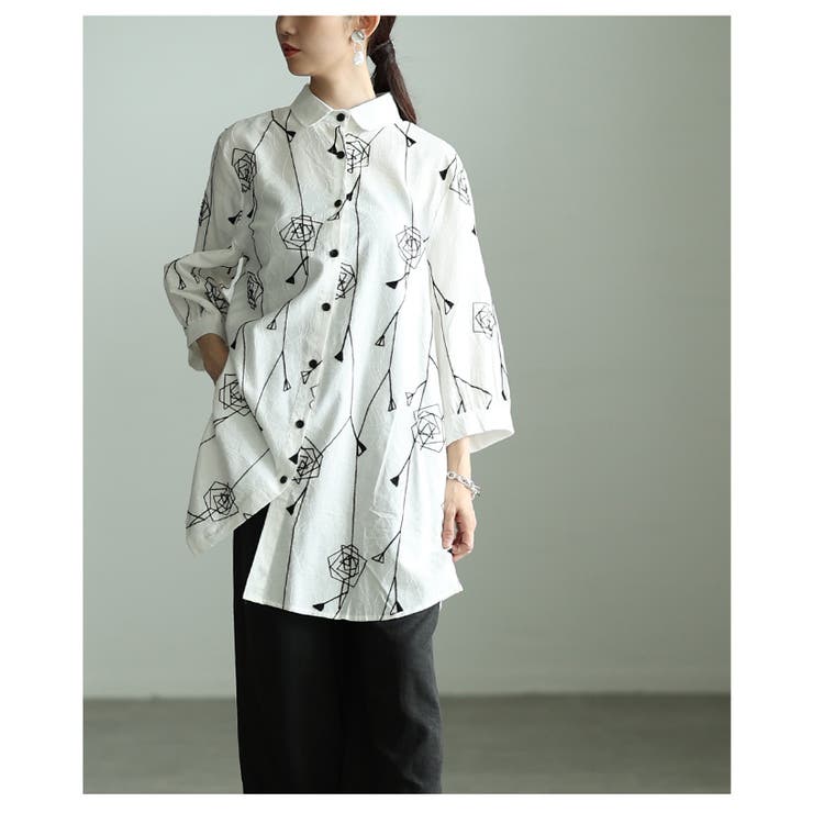 甘さに逃げない幾何学風ローズ刺繍コットンシャツチュニック レディース ファッショ… | Sawa a la mode | 詳細画像11 