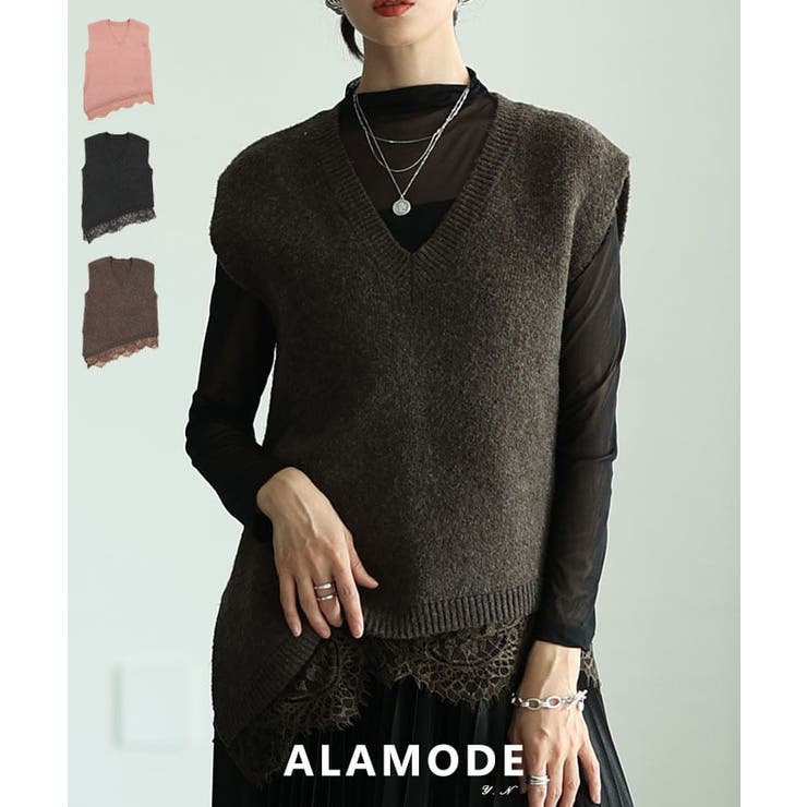 重ねるだけで華やぐレース切替アシメニットベスト レディース トップス | Sawa a la mode | 詳細画像1 