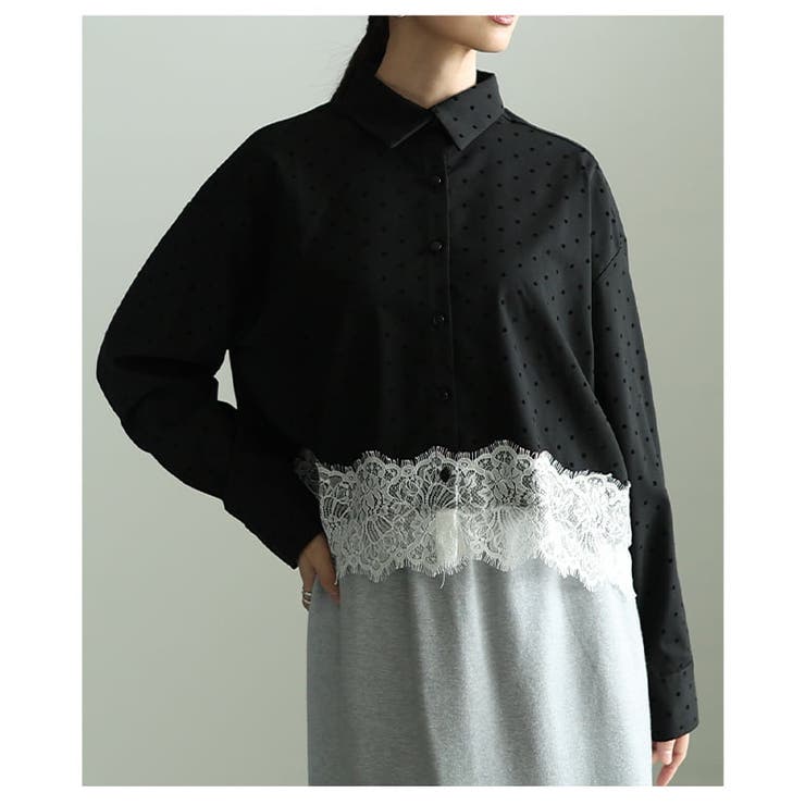 クラシカルに映えるフロッキードット裾レースシャツ レディース トップス | Sawa a la mode | 詳細画像12 