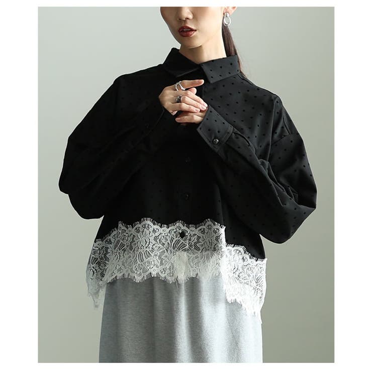 クラシカルに映えるフロッキードット裾レースシャツ レディース トップス | Sawa a la mode | 詳細画像14 