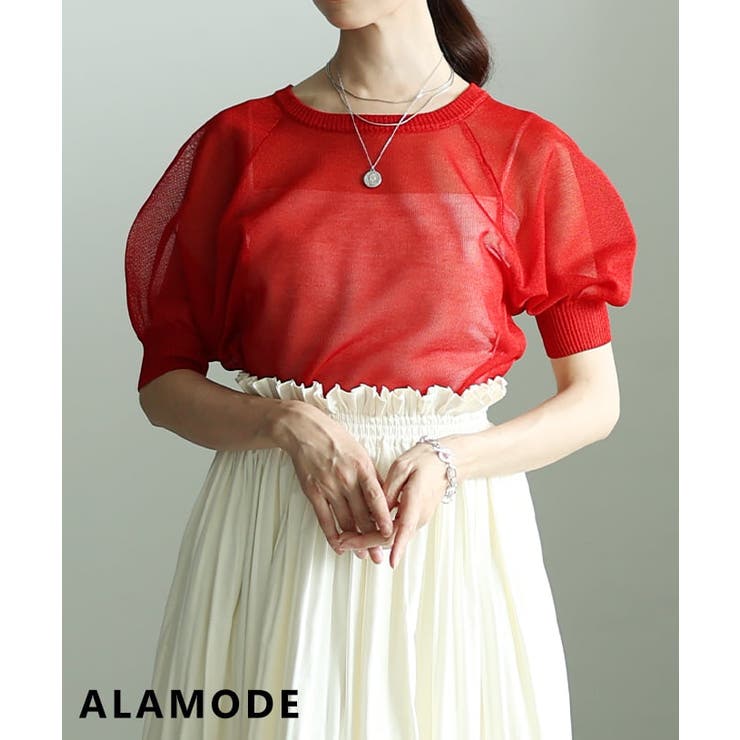 レッド | 抜け感を纏うシアーニットプルオーバー レディース トップス | Sawa a la mode