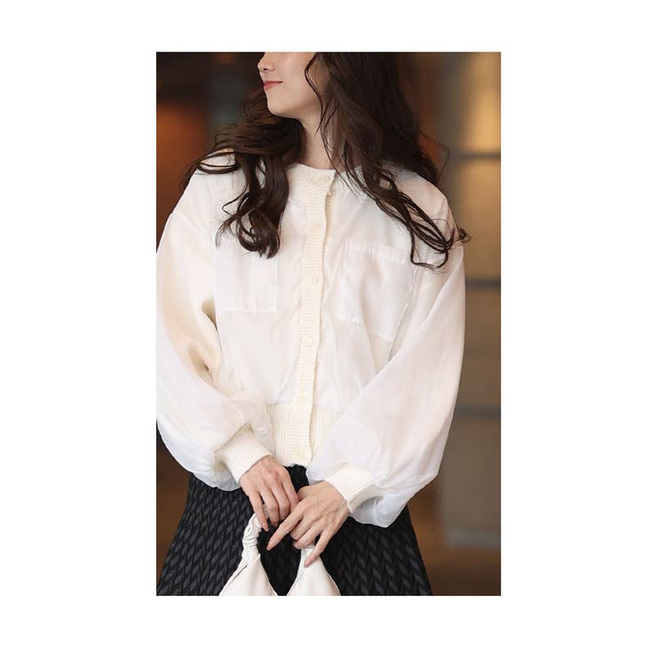 アイボリー | 重なるシアーオーガンジーのクルーネックニットカーディガン レディース ファッション | Sawa a la mode