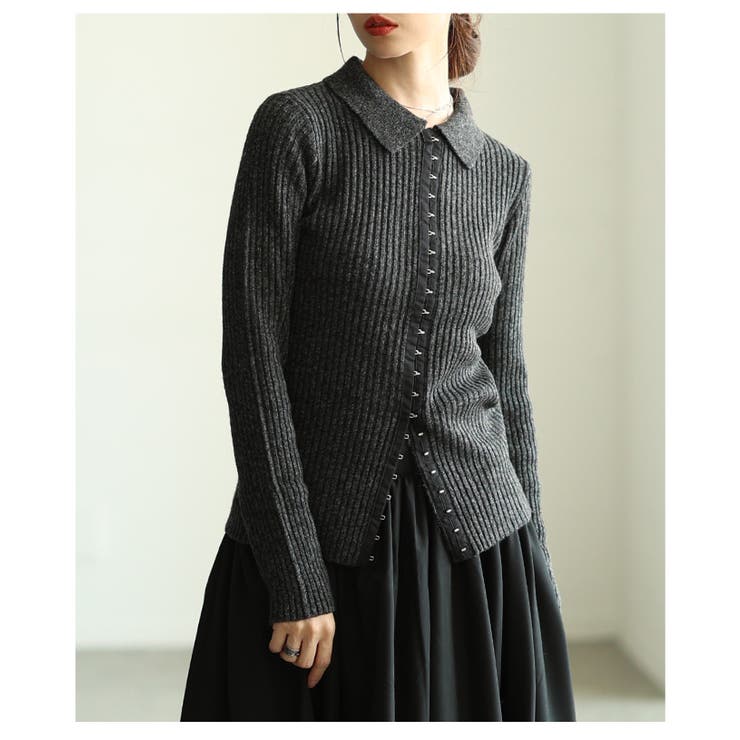 チャコール | 大人のニュアンスを与えるミックスニットホック付きポロトップス レディース | Sawa a la mode