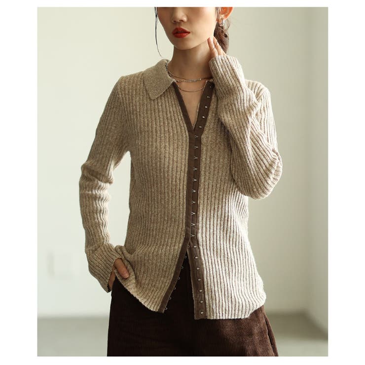 アイボリー | 大人のニュアンスを与えるミックスニットホック付きポロトップス レディース | Sawa a la mode