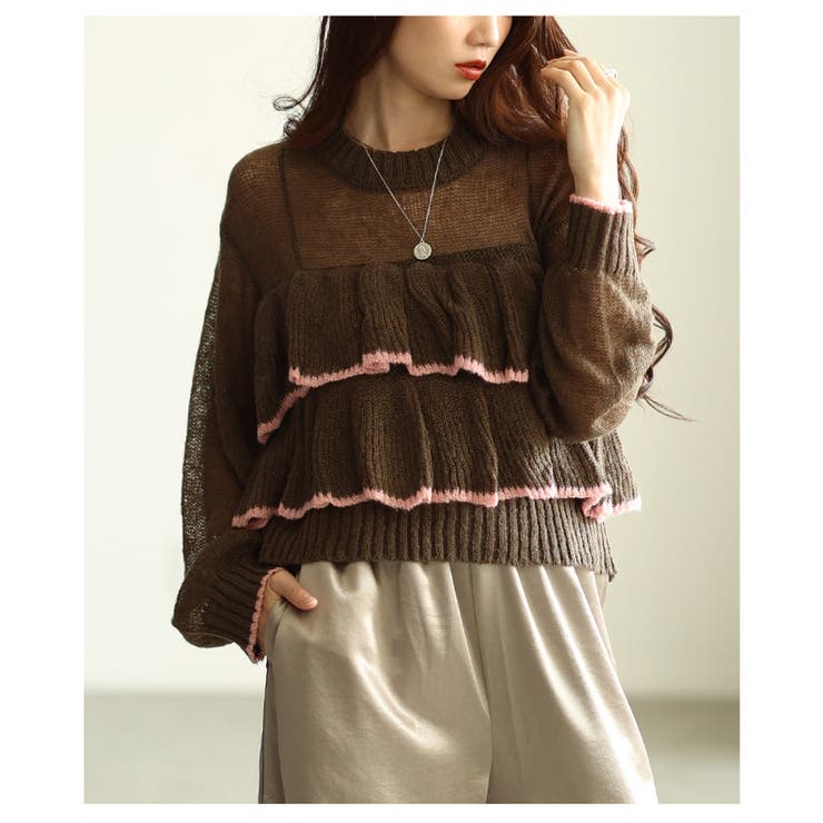 ブラウン | 乙女心を擽る透かしモヘア配色フリルトップス レディース ファッション | Sawa a la mode