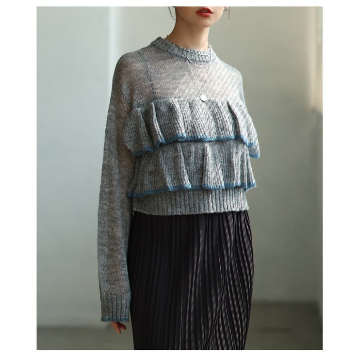 グレー | 乙女心を擽る透かしモヘア配色フリルトップス レディース ファッション | Sawa a la mode