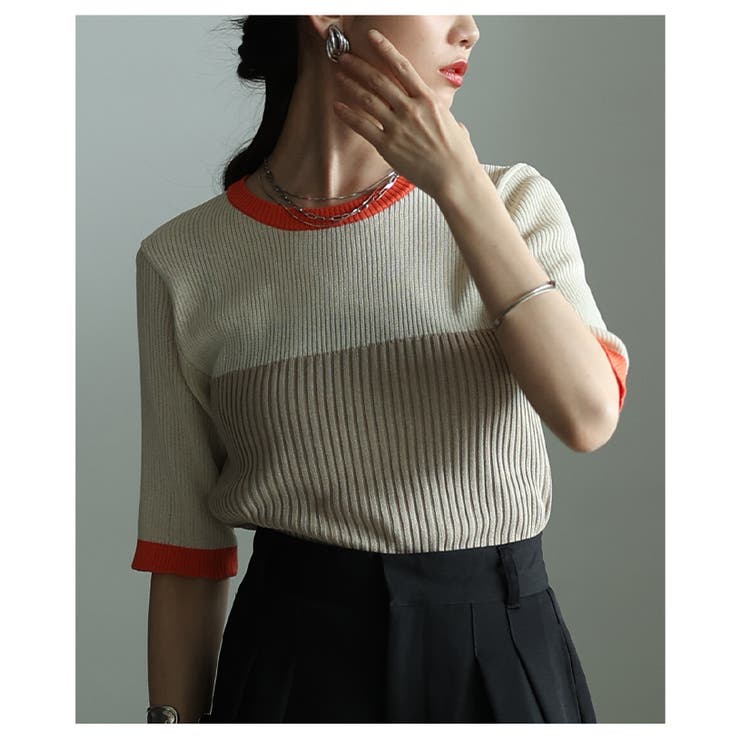 ベージュ | リネンタッチが心地よいブロック配色リブニットトップス レディース ファッション | Sawa a la mode
