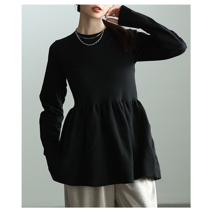 ブラック | 甘いトレンド纏う異素材ペプラムフレアトップス レディース ファッション | Sawa a la mode