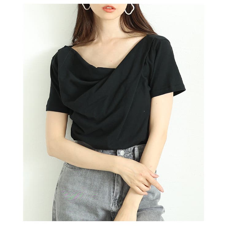 ブラック | 美しい拘りを秘めたドレープデザインコットンカットソー レディース ファッション | Sawa a la mode