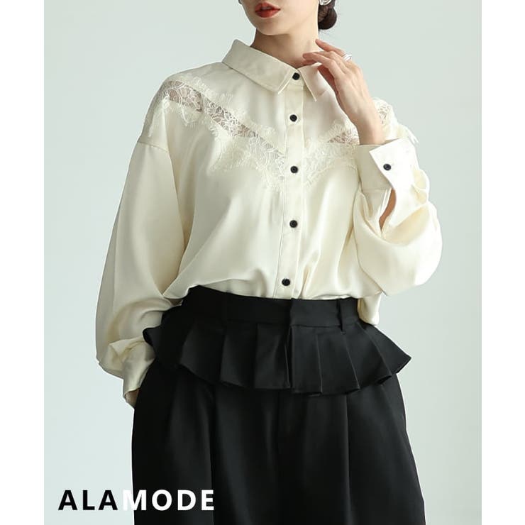 アイボリー | 艶めき纏うレース切替サテンブラウス レディース トップス | Sawa a la mode