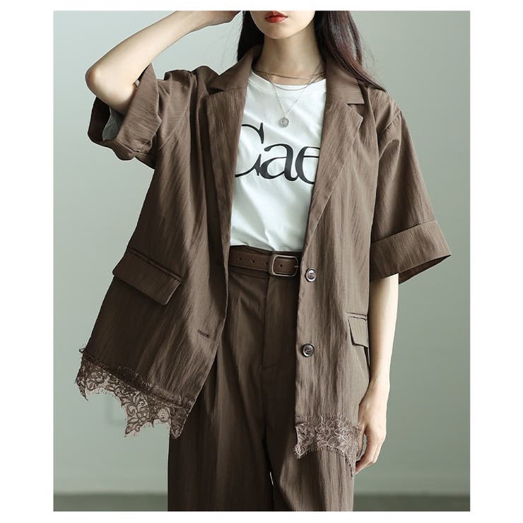 ブラウン | 自然に華やぐ裾レースリネンライクテーラードジャケット レディース ファッション | Sawa a la mode