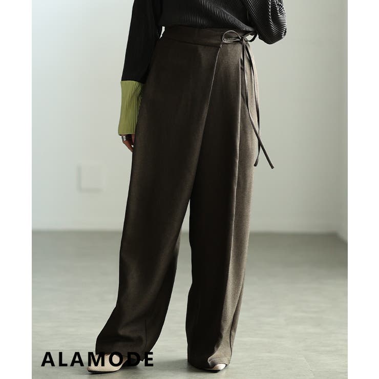 ブラウン | 体型カバーラップデザインワイドパンツ 美脚 レディース | Sawa a la mode
