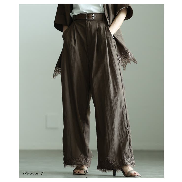 ブラウン | 自然に華やぐ裾レースリネンライクワイドパンツ レディース ファッション | Sawa a la mode