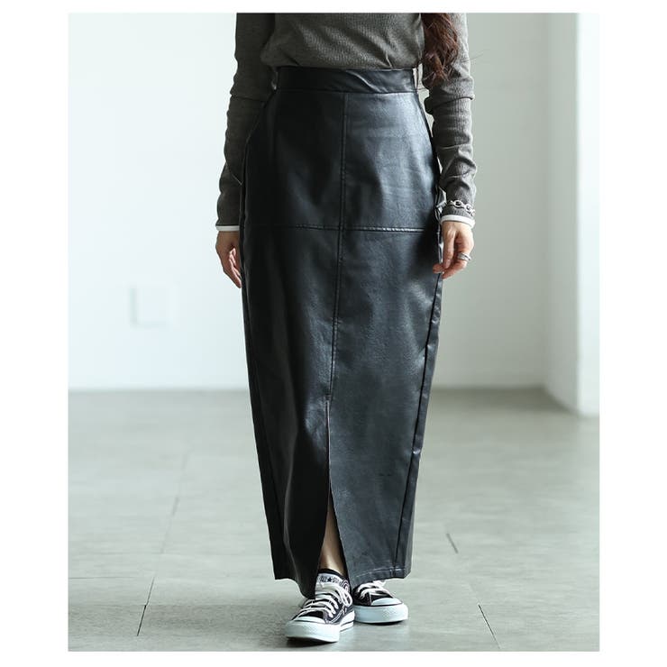ブラック | エッジなのに上品なフェイクレザーIラインスカート レディース ファッション | Sawa a la mode